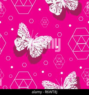 Butterflies on Punchy Pink Background-Butterfly Garden,seamless repeat pattern Stock Vector