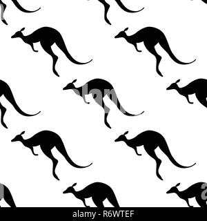 Seamless pattern with silhouettes of kangaroos. Australian animal. Isolated on white background. Black silhouettes. Hand drawn. Vector illustration. Stock Vector
