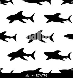 Seamless pattern with silhouettes of sharks. Australian animal. Isolated on white background. Black silhouettes. Hand drawn. Vector illustration. Stock Vector