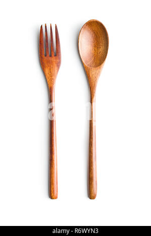 Wooden spoon and fork isolated on white background. Stock Photo