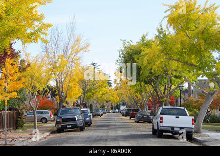 Suburan residential neighborhood with trees in autumn fall colors on a sunny day in Northern California after a rain. Stock Photo