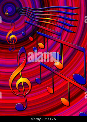 Multicolored music notes, treble clef. Notes flying through the waves ...