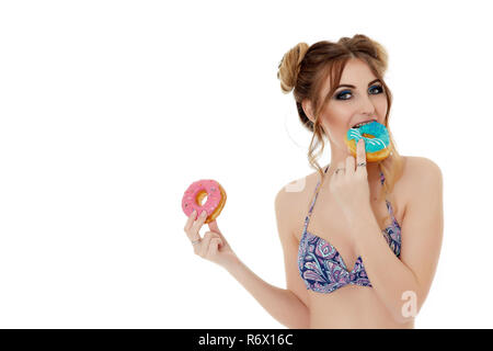 Positive woman holding donut Cut Out Stock Images Pictures Alamy