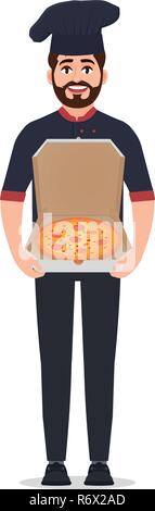 Pizza maker holds pizza vector illustration isolated on white background, chef in jacket Stock Vector