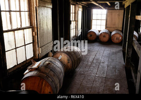 Barrels of bourbon aging in a warehouse at Wild Turkey Distillery, Lawrenceburg, Kentucky Stock Photo
