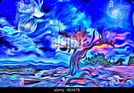 Surreal painting. Old tree, full moon and mystic clouds in the sky. Stock Photo