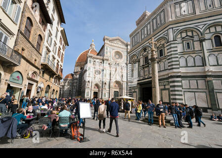 Horizontal streetview of the Duomo di Firenze and Battistero di San Giovanni in Florence, Italy. Stock Photo