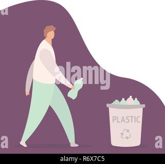Young Guy Throwing plastic bottle Into Container Vector. Isolated Illustration Stock Vector