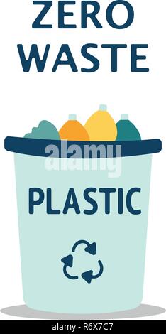 Blue garbage can with plastic garbage elements, illustration Stock Vector