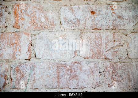 Rundown Red Old Vintage Urban Brick Wall Background. Retro Brickwall Square Wallpaper. Shabby Grunge Frame Texture. Red Brown textured Brick Wall With Broken Grungy Plaster Layer. Stock Photo