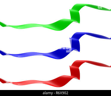 Satin ribbons, blue, green and red isolated cutout on white background. 3d illustration Stock Photo