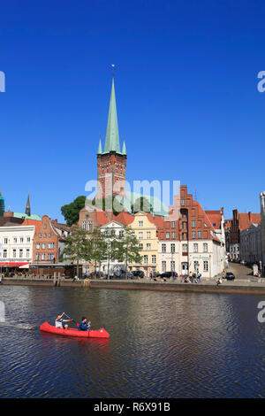 View across Obertrave to St. Petri church,  Schleswig-Holstein, Germany, Europe Stock Photo