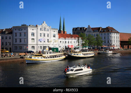 Tourist cruise ships on the Obertrave, Lübeck, Luebeck, Schleswig-Holstein, Germany, Europe Stock Photo