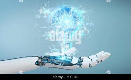 Cyborg on blurred background solving problem with digital question marks 3D rendering Stock Photo