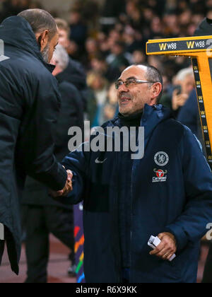Chelsea manager Maurizio SARRI shakes hands with Wolves manager Nuno Espírito Santo pre match during the Premier League match between Wolverhampton Wa Stock Photo