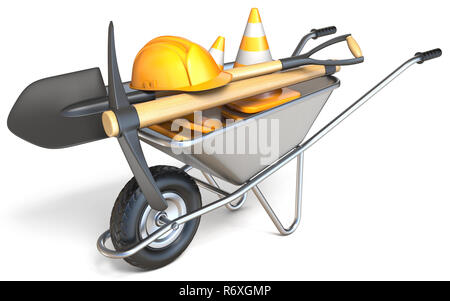 Wheelbarrow with shovel, pickaxe, traffic cones and hardhat 3D Stock Photo