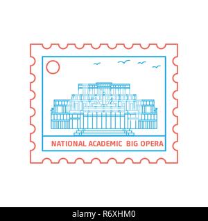 NATIONAL ACADEMIC; BIG OPERA postage stamp Blue and red Line Style, vector illustration Stock Vector