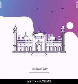 Travel BADSHAHI MOSQUE Poster Template. Purple creative background Stock Vector