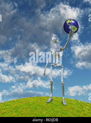 Shiny Silver Robot Stands on Hilltop Arm Outstretched Holding Earth Model Stock Photo