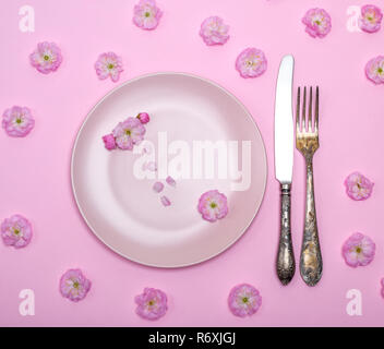 pink ceramic plate and a vintage knife with a fork Stock Photo