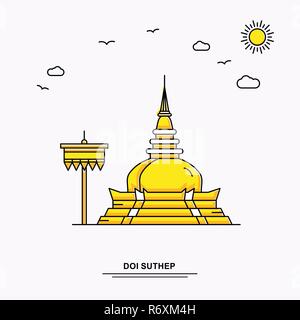 DOI SUTHEP Monument Poster Template. World Travel Yellow illustration Background in Line Style with beauture nature Scene Stock Vector