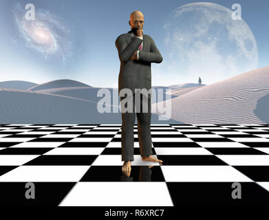 Surrealism. Thinking businessman stands on chessboard. Lonely man in a distance. White sand dune. 3D rendering Stock Photo