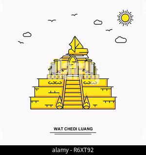 WAT CHEDI LUANG Monument Poster Template. World Travel Yellow illustration Background in Line Style with beauture nature Scene Stock Vector