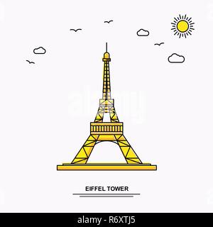 EIFFEL TOWER Monument Poster Template. World Travel Yellow illustration Background in Line Style with beauture nature Scene Stock Vector