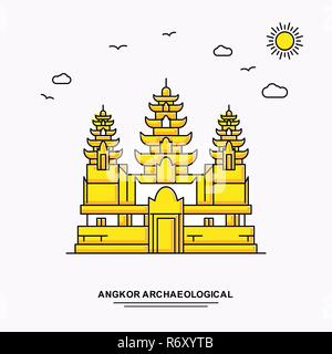 ANGKOR ARCHAEOLOGICAL Monument Poster Template. World Travel Yellow illustration Background in Line Style with beauture nature Scene Stock Vector