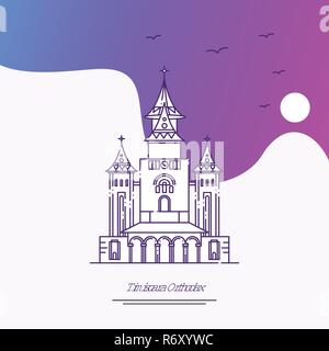 Travel TIMISOARA ORTHODAX Poster Template. Purple creative background Stock Vector