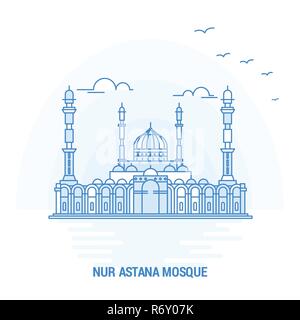 NUR ASTANA MOSQUE Blue Landmark. Creative background and Poster Template Stock Vector