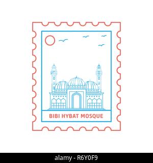 BIBI HYBAT MOSQUE postage stamp Blue and red Line Style, vector illustration Stock Vector