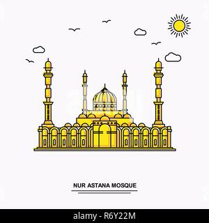 NUR ASTANA MOSQUE Monument Poster Template. World Travel Yellow illustration Background in Line Style with beauture nature Scene Stock Vector