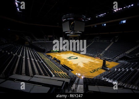 Eugene, OR - October 7, 2018: Empty Matthew Knight Arena in Eugene Oregon where the University of Oregon Ducks basketball team plays their home games. Stock Photo