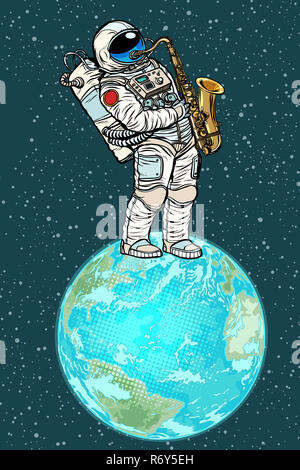 Astronaut plays saxophone on planet earth Stock Photo