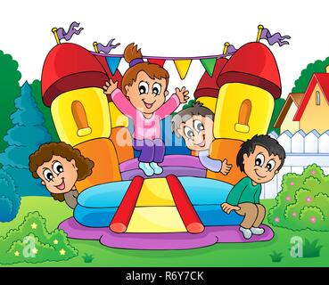 Kids on inflatable castle theme 2 Stock Photo