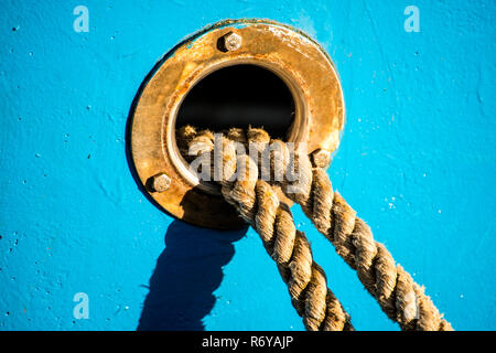 bulwark with mooring lines of a trawler Stock Photo