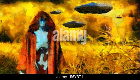 Surreal painting. Android in cloak stands in field of wheat. Flying saucers in the sky. Brush strokes. Stock Photo