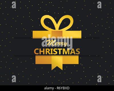 Merry Christmas. Festival banner with gift box golden color. Elements of the greeting card. Vector illustration Stock Vector