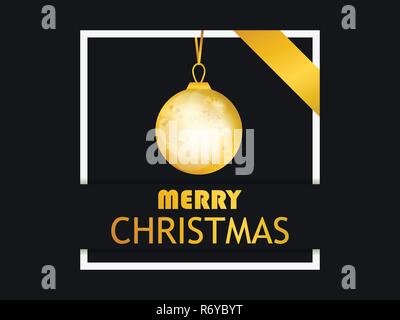 Merry Christmas. Golden christmas ball on frame on black background. Gold gradient. Greeting card design template. Vector illustration Stock Vector