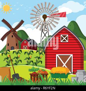 Farm scene with red barn illustration Stock Vector