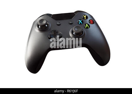 Top view of a logo free, black videogame controller isolated on white background Stock Photo