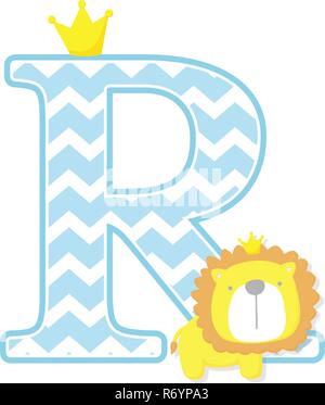 initial r with cute little lion king with golden crown isolated on white background. can be used for father's day card, baby boy birth announcements,  Stock Vector