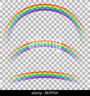 Curved Colorful Rainbow on Checkered Background. Transparent Weather Icon. Spectrum Colored Pattern Stock Photo