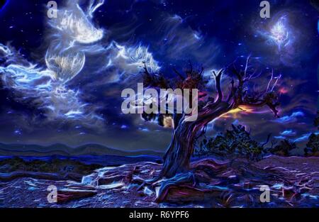 Night landscape. Surreal painting. Old tree, full moon and mystic clouds in the sky. Stock Photo