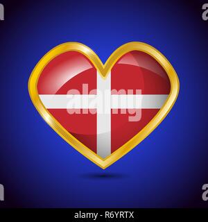Heart shape with golden frame and flag of Denmark on a royal blue background Stock Vector