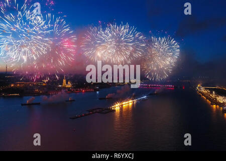 Salute Scarlet Sails. The festive salute is grandiose. Fireworks pyrotechnics Stock Photo