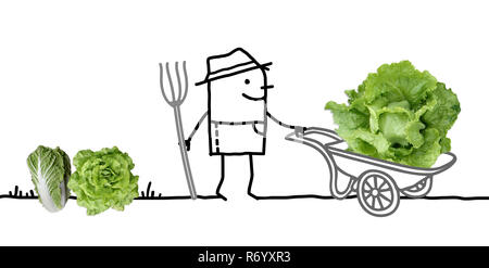 Cartoon Farmer in Garden and Big Salad in Wheelbarrow Stock Photo
