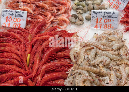 various types of shrimps and clams at a market in madrid,spain Stock Photo