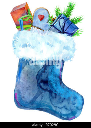 Christmas blue sock with gifts isolated on white background. Watercolor hand drawn illustration Stock Photo